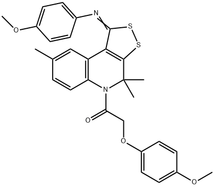 N-{5-[(4-methoxyphenoxy)acetyl]-4,4,8-trimethyl-4,5-dihydro-1H-[1,2]dithiolo[3,4-c]quinolin-1-ylidene}-N-(4-methoxyphenyl)amine Struktur