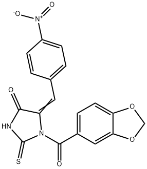 1-(1,3-benzodioxol-5-ylcarbonyl)-5-{4-nitrobenzylidene}-2-thioxo-4-imidazolidinone Structure