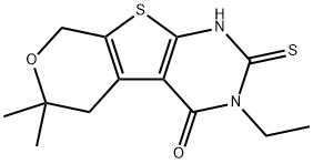 3-ethyl-6,6-dimethyl-2-sulfanyl-3,5,6,8-tetrahydro-4H-pyrano[4',3':4,5]thieno[2,3-d]pyrimidin-4-one Struktur
