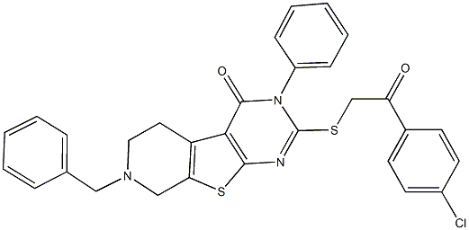 7-benzyl-2-{[2-(4-chlorophenyl)-2-oxoethyl]sulfanyl}-3-phenyl-5,6,7,8-tetrahydropyrido[4',3':4,5]thieno[2,3-d]pyrimidin-4(3H)-one Struktur