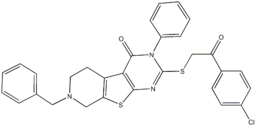 7-benzyl-2-{[2-(4-chlorophenyl)-2-oxoethyl]sulfanyl}-3-phenyl-5,6,7,8-tetrahydropyrido[4',3':4,5]thieno[2,3-d]pyrimidin-4(3H)-one 化学構造式