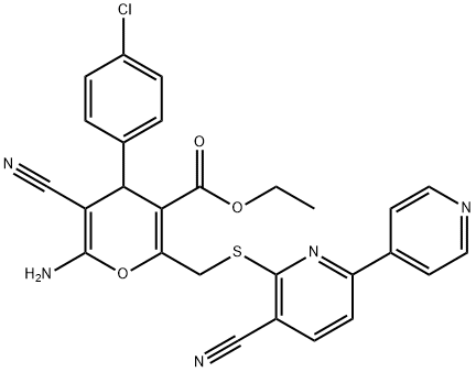 ethyl 6-amino-4-{4-chlorophenyl}-5-cyano-2-{2-[(3-cyano-2-{6,4'-bipyridyl})sulfanyl]ethyl}-4H-pyran-3-carboxylate 化学構造式