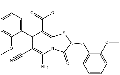 methyl 5-amino-6-cyano-2-(2-methoxybenzylidene)-7-(2-methoxyphenyl)-3-oxo-2,3-dihydro-7H-[1,3]thiazolo[3,2-a]pyridine-8-carboxylate Struktur