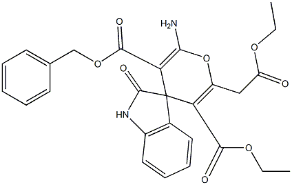 3-benzyl 5-ethyl 2-amino-6-(2-ethoxy-2-oxoethyl)-1',3'-dihydro-2'-oxospiro[4H-pyran-4,3'-(2'H)-indole]-3,5-dicarboxylate Struktur