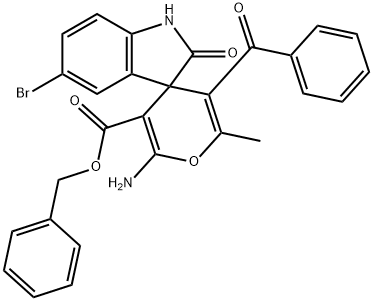 benzyl 2-amino-5'-bromo-5-benzoyl-1',3'-dihydro-6-methyl-2'-oxospiro[4H-pyran-4,3'-2H-indole]-3-carboxylate Structure