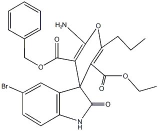 3'-benzyl 5'-ethyl 2'-amino-5-bromo-1,3-dihydro-6'-propyl-2-oxospiro[2H-indole-3,4'-(4'H)-pyran]-3',5'-dicarboxylate Struktur