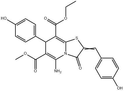 8-ethyl 6-methyl 5-amino-2-(4-hydroxybenzylidene)-7-(4-hydroxyphenyl)-3-oxo-2,3-dihydro-7H-[1,3]thiazolo[3,2-a]pyridine-6,8-dicarboxylate 化学構造式