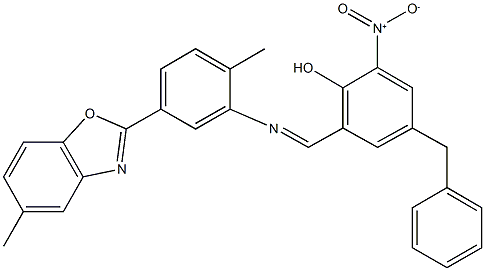 4-benzyl-2-nitro-6-({[2-methyl-5-(5-methyl-1,3-benzoxazol-2-yl)phenyl]imino}methyl)phenol Struktur