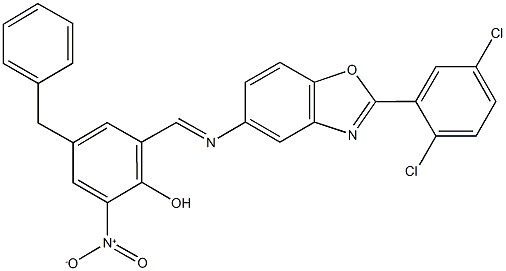 4-benzyl-2-({[2-(2,5-dichlorophenyl)-1,3-benzoxazol-5-yl]imino}methyl)-6-nitrophenol Struktur