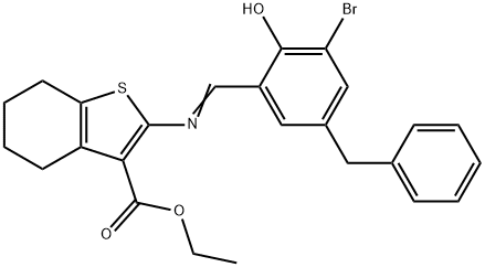 ethyl 2-[(5-benzyl-3-bromo-2-hydroxybenzylidene)amino]-4,5,6,7-tetrahydro-1-benzothiophene-3-carboxylate Struktur
