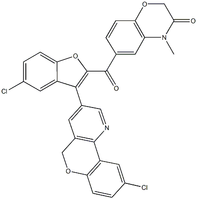 6-{[5-chloro-3-(9-chloro-5H-chromeno[4,3-b]pyridin-3-yl)-1-benzofuran-2-yl]carbonyl}-4-methyl-2H-1,4-benzoxazin-3(4H)-one 结构式