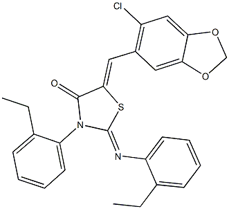5-[(6-chloro-1,3-benzodioxol-5-yl)methylene]-3-(2-ethylphenyl)-2-[(2-ethylphenyl)imino]-1,3-thiazolidin-4-one,352676-85-8,结构式