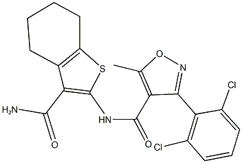 N-[3-(aminocarbonyl)-4,5,6,7-tetrahydro-1-benzothien-2-yl]-3-(2,6-dichlorophenyl)-5-methyl-4-isoxazolecarboxamide Struktur