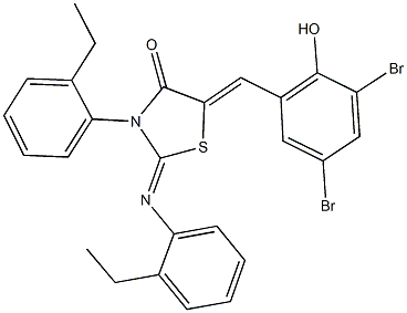 5-(3,5-dibromo-2-hydroxybenzylidene)-3-(2-ethylphenyl)-2-[(2-ethylphenyl)imino]-1,3-thiazolidin-4-one,352677-61-3,结构式
