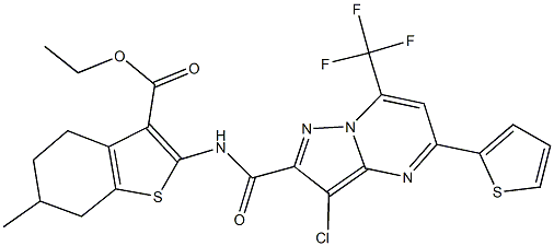 ethyl 2-({[3-chloro-5-(2-thienyl)-7-(trifluoromethyl)pyrazolo[1,5-a]pyrimidin-2-yl]carbonyl}amino)-6-methyl-4,5,6,7-tetrahydro-1-benzothiophene-3-carboxylate Structure