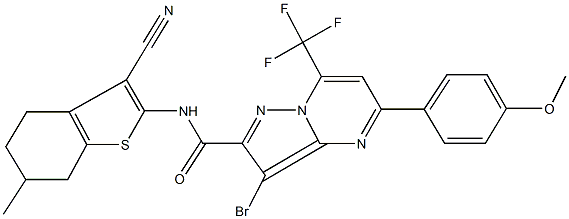 3-bromo-N-(3-cyano-6-methyl-4,5,6,7-tetrahydro-1-benzothien-2-yl)-5-(4-methoxyphenyl)-7-(trifluoromethyl)pyrazolo[1,5-a]pyrimidine-2-carboxamide,352679-85-7,结构式