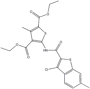 diethyl 5-{[(3-chloro-6-methyl-1-benzothien-2-yl)carbonyl]amino}-3-methyl-2,4-thiophenedicarboxylate 结构式