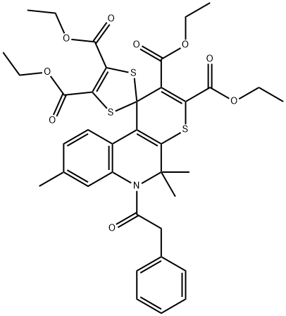 tetraethyl 5',5',8'-trimethyl-6'-(phenylacetyl)-5',6'-dihydrospiro[1,3-dithiole-2,1'-(1'H)-thiopyrano[2,3-c]quinoline]-2',3',4,5-tetracarboxylate Structure