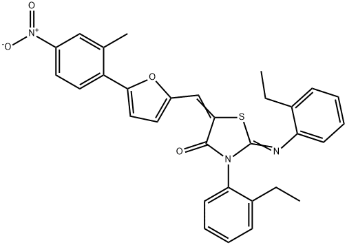 3-(2-ethylphenyl)-2-[(2-ethylphenyl)imino]-5-[(5-{4-nitro-2-methylphenyl}-2-furyl)methylene]-1,3-thiazolidin-4-one Struktur