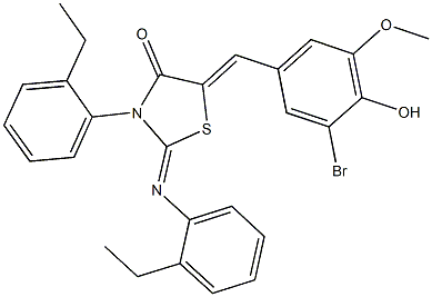 5-(3-bromo-4-hydroxy-5-methoxybenzylidene)-3-(2-ethylphenyl)-2-[(2-ethylphenyl)imino]-1,3-thiazolidin-4-one,352683-08-0,结构式