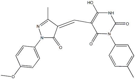 6-hydroxy-5-{[1-(4-methoxyphenyl)-3-methyl-5-oxo-1,5-dihydro-4H-pyrazol-4-ylidene]methyl}-3-(4-methylphenyl)-2,4(1H,3H)-pyrimidinedione,352684-07-2,结构式