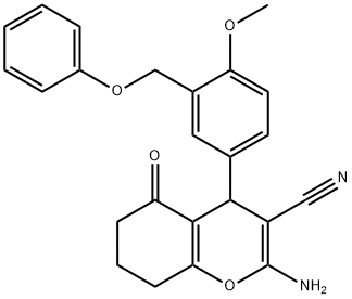 2-amino-4-[4-methoxy-3-(phenoxymethyl)phenyl]-5-oxo-5,6,7,8-tetrahydro-4H-chromene-3-carbonitrile 化学構造式