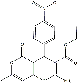 ethyl 2-amino-4-{4-nitrophenyl}-7-methyl-5-oxo-4H,5H-pyrano[4,3-b]pyran-3-carboxylate 化学構造式