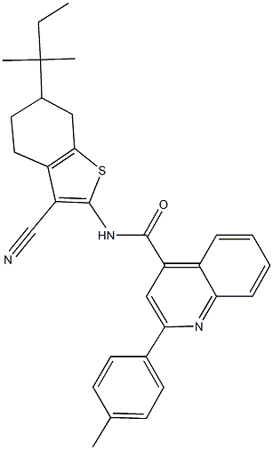 N-(3-cyano-6-tert-pentyl-4,5,6,7-tetrahydro-1-benzothien-2-yl)-2-(4-methylphenyl)-4-quinolinecarboxamide Struktur