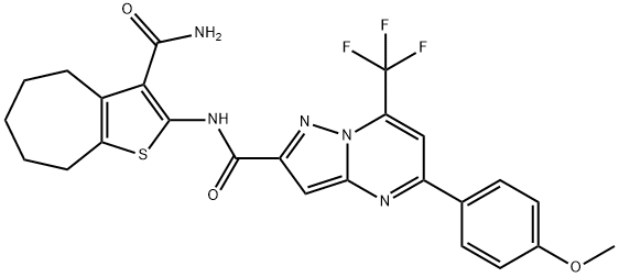 N-[3-(aminocarbonyl)-5,6,7,8-tetrahydro-4H-cyclohepta[b]thien-2-yl]-5-(4-methoxyphenyl)-7-(trifluoromethyl)pyrazolo[1,5-a]pyrimidine-2-carboxamide Struktur