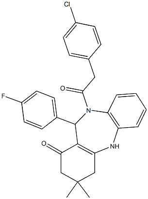 10-[(4-chlorophenyl)acetyl]-11-(4-fluorophenyl)-3,3-dimethyl-2,3,4,5,10,11-hexahydro-1H-dibenzo[b,e][1,4]diazepin-1-one 结构式
