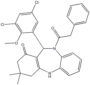 11-(3,5-dichloro-2-methoxyphenyl)-3,3-dimethyl-10-(phenylacetyl)-2,3,4,5,10,11-hexahydro-1H-dibenzo[b,e][1,4]diazepin-1-one Struktur