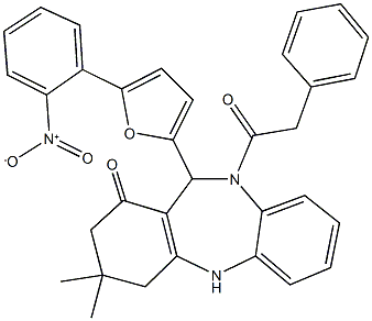 11-(5-{2-nitrophenyl}-2-furyl)-3,3-dimethyl-10-(phenylacetyl)-2,3,4,5,10,11-hexahydro-1H-dibenzo[b,e][1,4]diazepin-1-one Structure