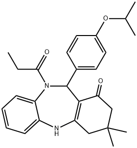 11-(4-isopropoxyphenyl)-3,3-dimethyl-10-propionyl-2,3,4,5,10,11-hexahydro-1H-dibenzo[b,e][1,4]diazepin-1-one 结构式