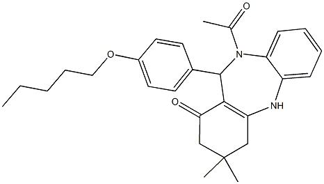 10-acetyl-3,3-dimethyl-11-[4-(pentyloxy)phenyl]-2,3,4,5,10,11-hexahydro-1H-dibenzo[b,e][1,4]diazepin-1-one Structure