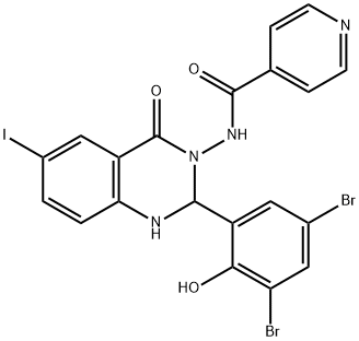 N-(2-(3,5-dibromo-2-hydroxyphenyl)-6-iodo-4-oxo-1,4-dihydro-3(2H)-quinazolinyl)isonicotinamide 化学構造式