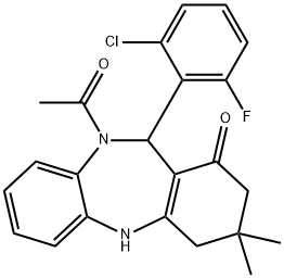 10-acetyl-11-(2-chloro-6-fluorophenyl)-3,3-dimethyl-2,3,4,5,10,11-hexahydro-1H-dibenzo[b,e][1,4]diazepin-1-one,352706-09-3,结构式