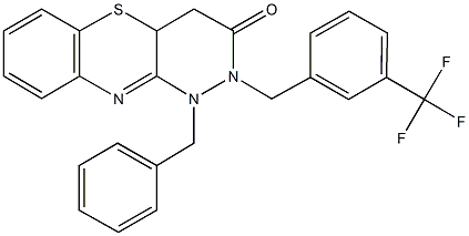 1-benzyl-2-[3-(trifluoromethyl)benzyl]-1,2,4,4a-tetrahydro-3H-pyridazino[4,3-b][1,4]benzothiazin-3-one,353256-09-4,结构式