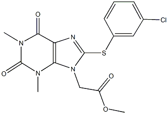 methyl {8-[(3-chlorophenyl)sulfanyl]-1,3-dimethyl-2,6-dioxo-1,2,3,6-tetrahydro-9H-purin-9-yl}acetate 化学構造式