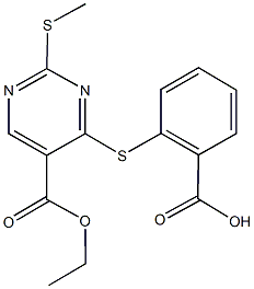 2-{[5-(ethoxycarbonyl)-2-(methylsulfanyl)-4-pyrimidinyl]sulfanyl}benzoic acid Struktur