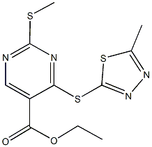 ethyl 2-(methylsulfanyl)-4-[(5-methyl-1,3,4-thiadiazol-2-yl)sulfanyl]-5-pyrimidinecarboxylate Struktur