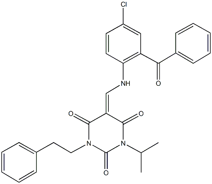 5-[(2-benzoyl-4-chloroanilino)methylene]-1-isopropyl-3-(2-phenylethyl)-2,4,6(1H,3H,5H)-pyrimidinetrione,353278-62-3,结构式