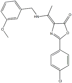 2-(4-chlorophenyl)-4-{1-[(3-methoxybenzyl)amino]ethylidene}-1,3-oxazol-5(4H)-one Struktur