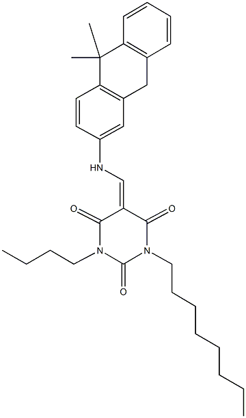 1-butyl-5-{[(10,10-dimethyl-9,10-dihydro-2-anthracenyl)amino]methylene}-3-octyl-2,4,6(1H,3H,5H)-pyrimidinetrione,353282-41-4,结构式