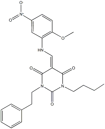 1-butyl-5-({5-nitro-2-methoxyanilino}methylene)-3-(2-phenylethyl)-2,4,6(1H,3H,5H)-pyrimidinetrione|