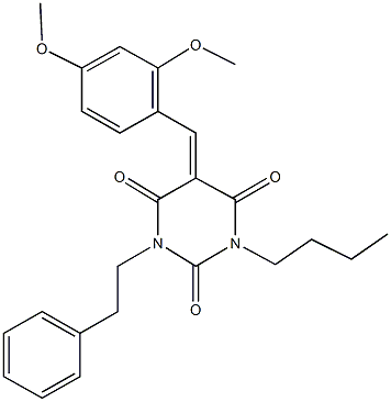 1-butyl-5-(2,4-dimethoxybenzylidene)-3-(2-phenylethyl)-2,4,6(1H,3H,5H)-pyrimidinetrione 结构式