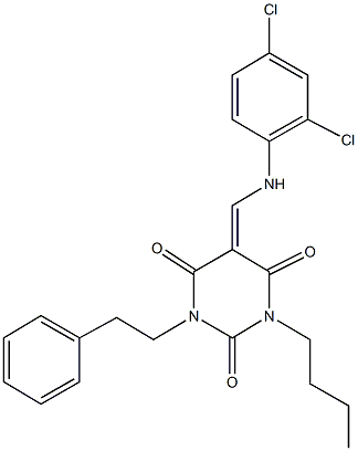 1-butyl-5-[(2,4-dichloroanilino)methylene]-3-(2-phenylethyl)-2,4,6(1H,3H,5H)-pyrimidinetrione Structure