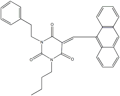 5-(9-anthrylmethylene)-1-butyl-3-(2-phenylethyl)-2,4,6(1H,3H,5H)-pyrimidinetrione 结构式