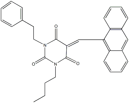 5-(9-anthrylmethylene)-1-butyl-3-(2-phenylethyl)-2,4,6(1H,3H,5H)-pyrimidinetrione Structure