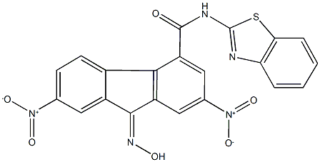 N-(1,3-benzothiazol-2-yl)-9-(hydroxyimino)-2,7-bisnitro-9H-fluorene-4-carboxamide Struktur