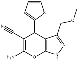 6-amino-3-(methoxymethyl)-4-(2-thienyl)-1,4-dihydropyrano[2,3-c]pyrazole-5-carbonitrile Struktur